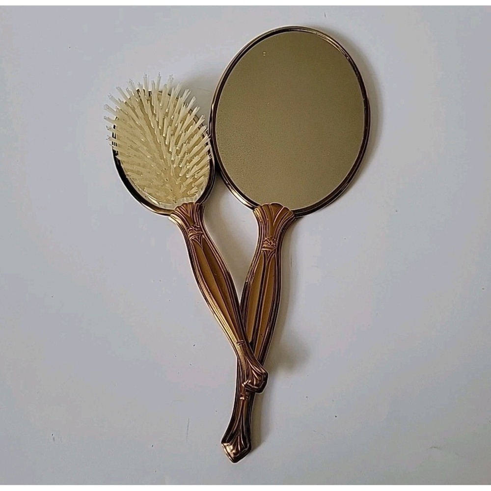 Vintage Handheld Vanity Mirror Brush Set Brass Handle Ornate Floral‎ Art Deco